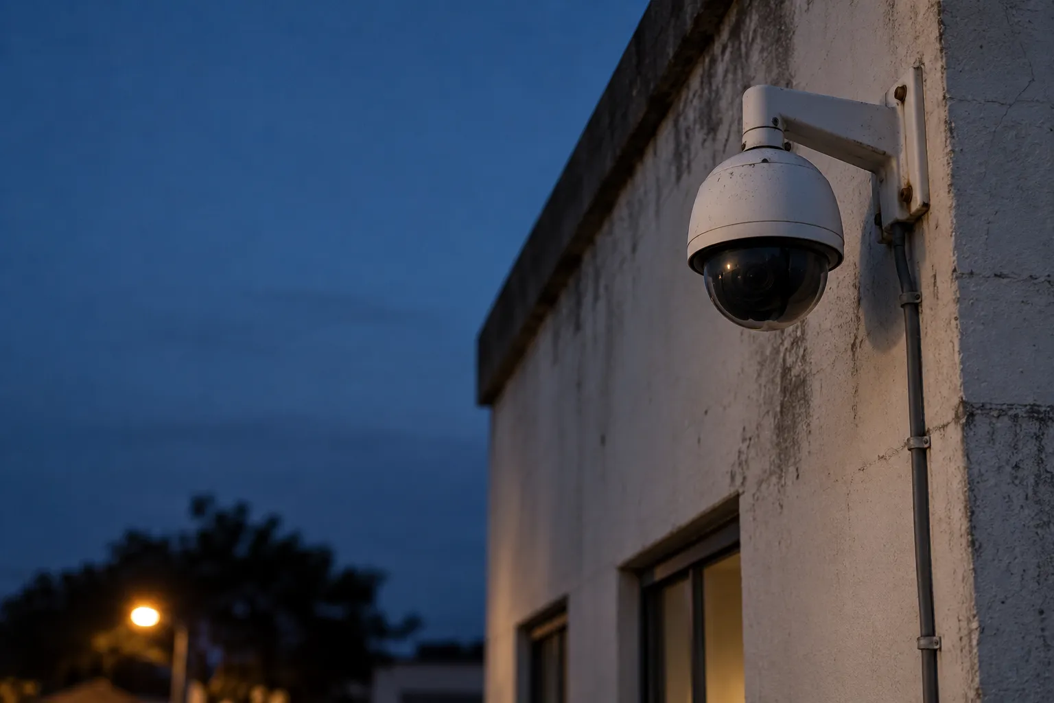 Photograph of a white dome security camera on the corner of a building at dusk