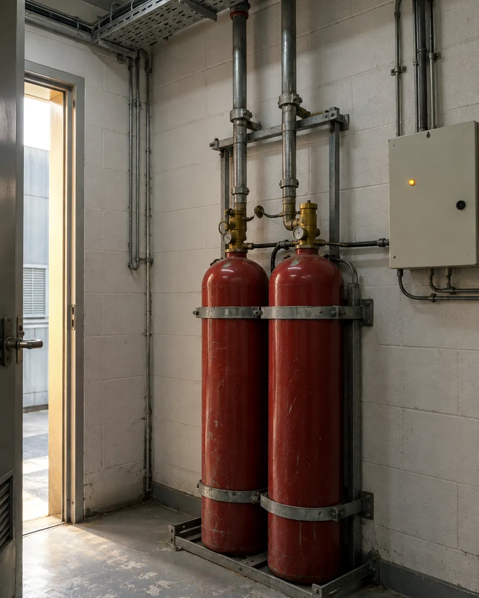 Photograph of gas suppression cylinders and a fire alarm panel in a plant room